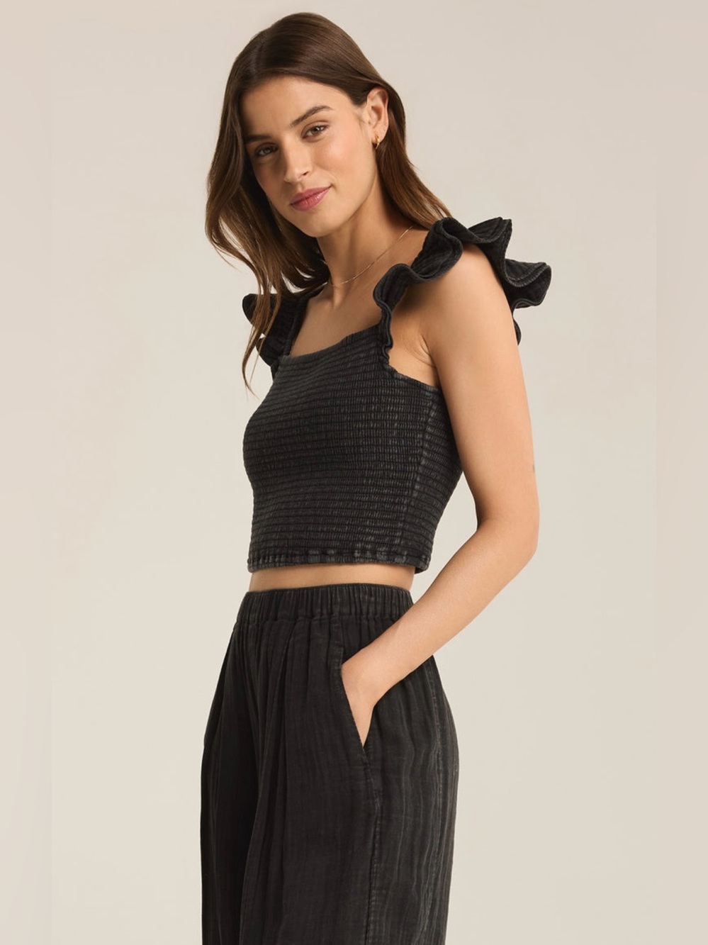 Z Supply Women's Hera Gauze Flutter Sleeve Smocked Tank Top Black Size Large NWT